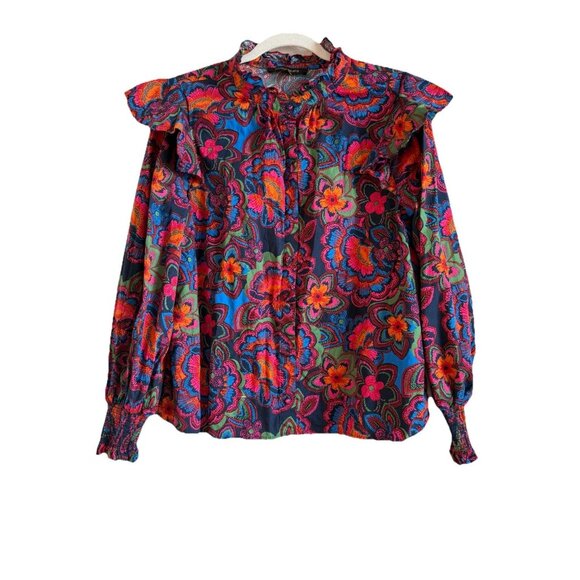 Sugarlips Raveena Midnight Malbec Ruffle Button Up Poplin Blouse Women’s Size XL - Picture 1 of 15